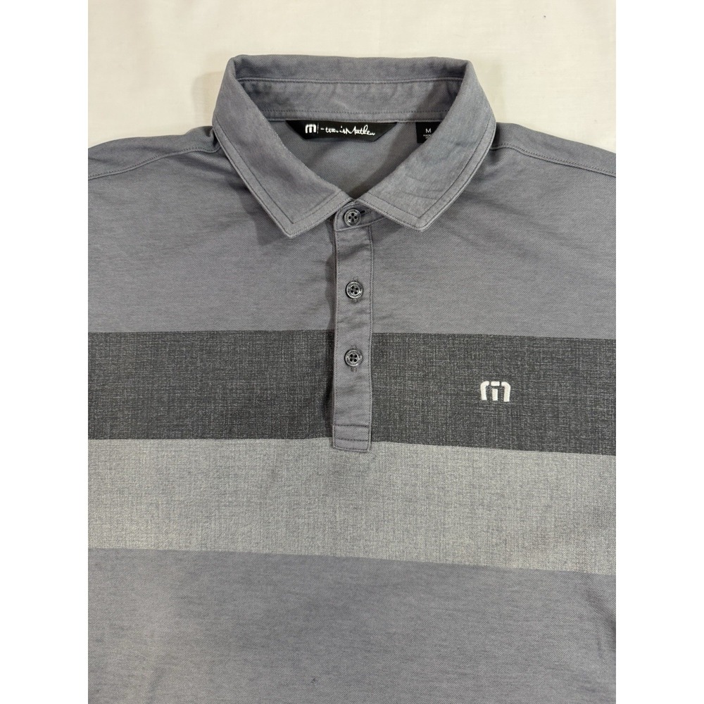 Travis Mathew Polo Shirt Mens Size Medium Gray Black Striped Logo Golf Casual